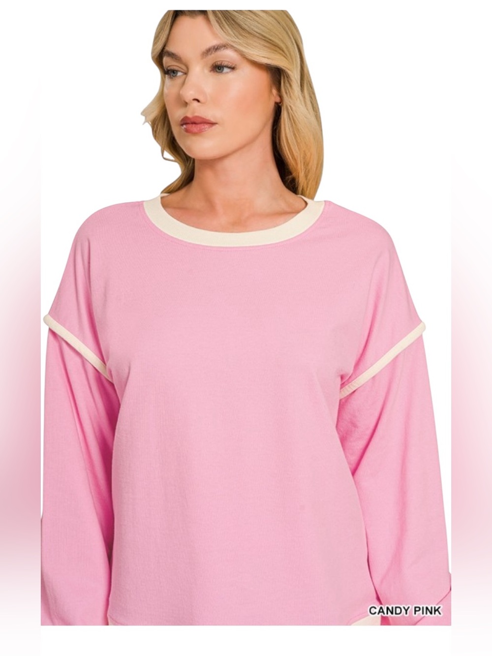 Zenana Candy Pink French Terry Cotton Long Sleeve Pullover Top - Picture 2 of 5